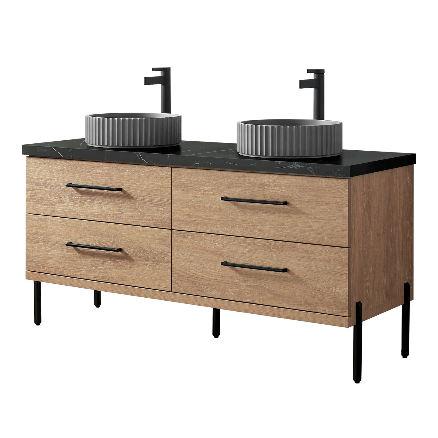 Vinnova, Trento 60B" Double Sink Bath Vanity in North American Oak with Black Sintered Stone Top with Concrete Sink