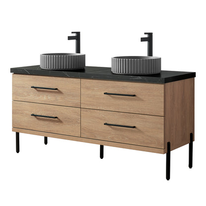 Vinnova, Trento 60B" Double Sink Bath Vanity in North American Oak with Black Sintered Stone Top with Concrete Sink