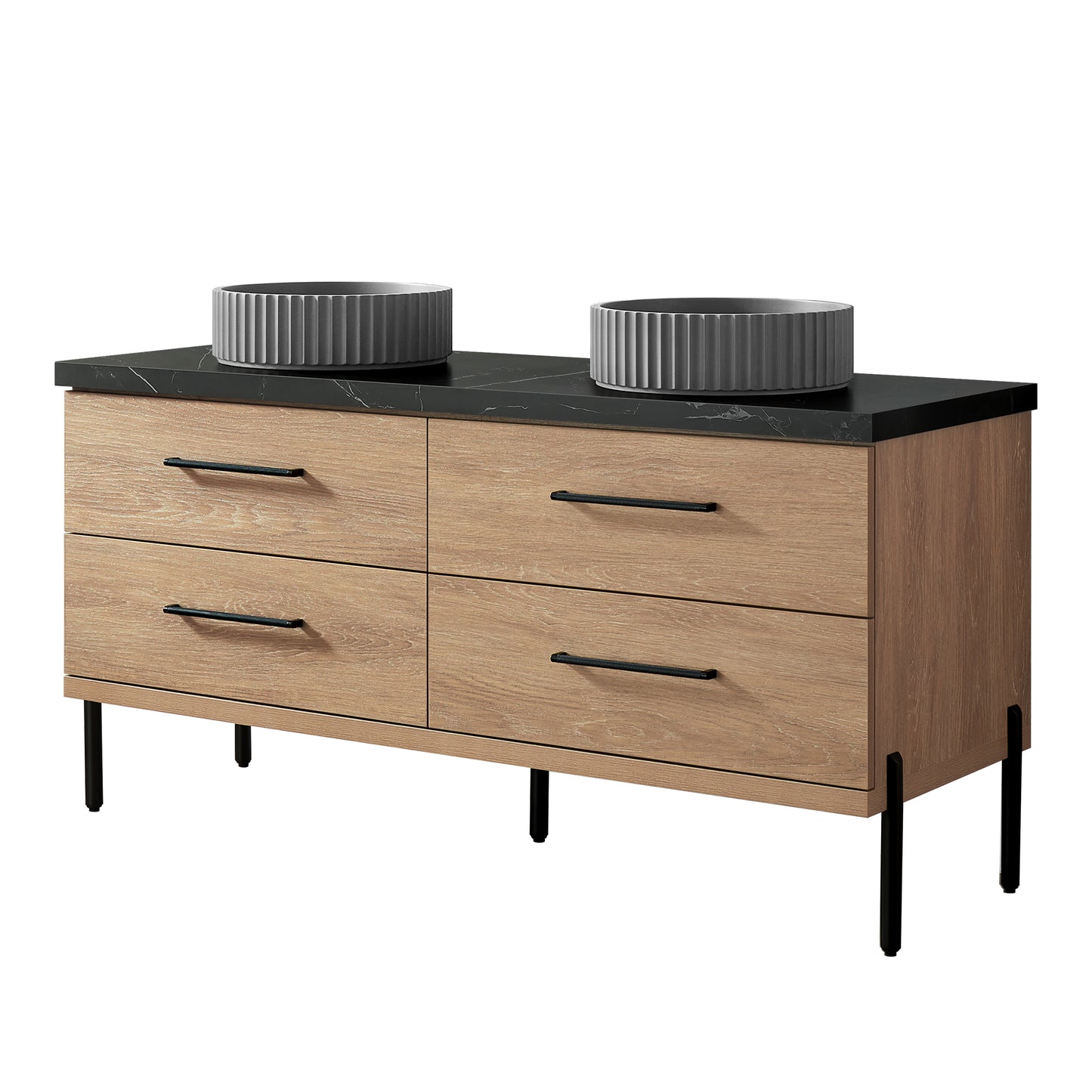 Vinnova, Trento 60B" Double Sink Bath Vanity in North American Oak with Black Sintered Stone Top with Concrete Sink