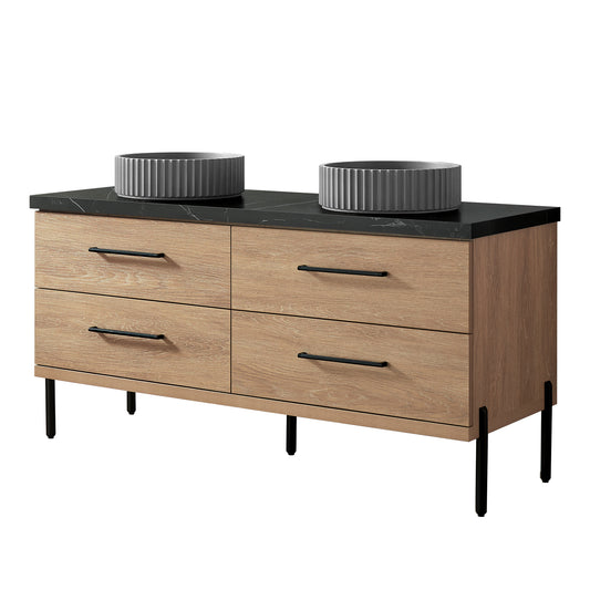 Vinnova, Trento 60B" Double Sink Bath Vanity in North American Oak with Black Sintered Stone Top with Concrete Sink