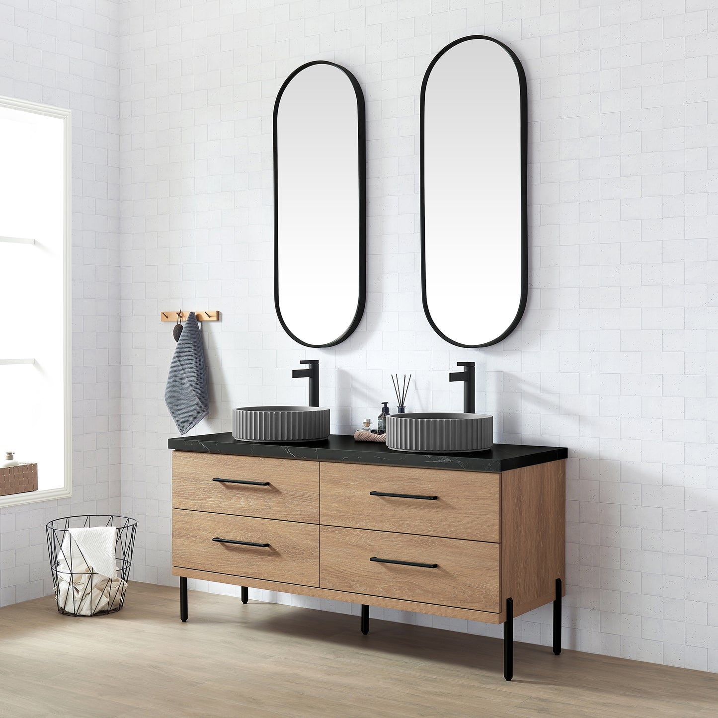 Vinnova, Trento 60B" Double Sink Bath Vanity in North American Oak with Black Sintered Stone Top with Concrete Sink