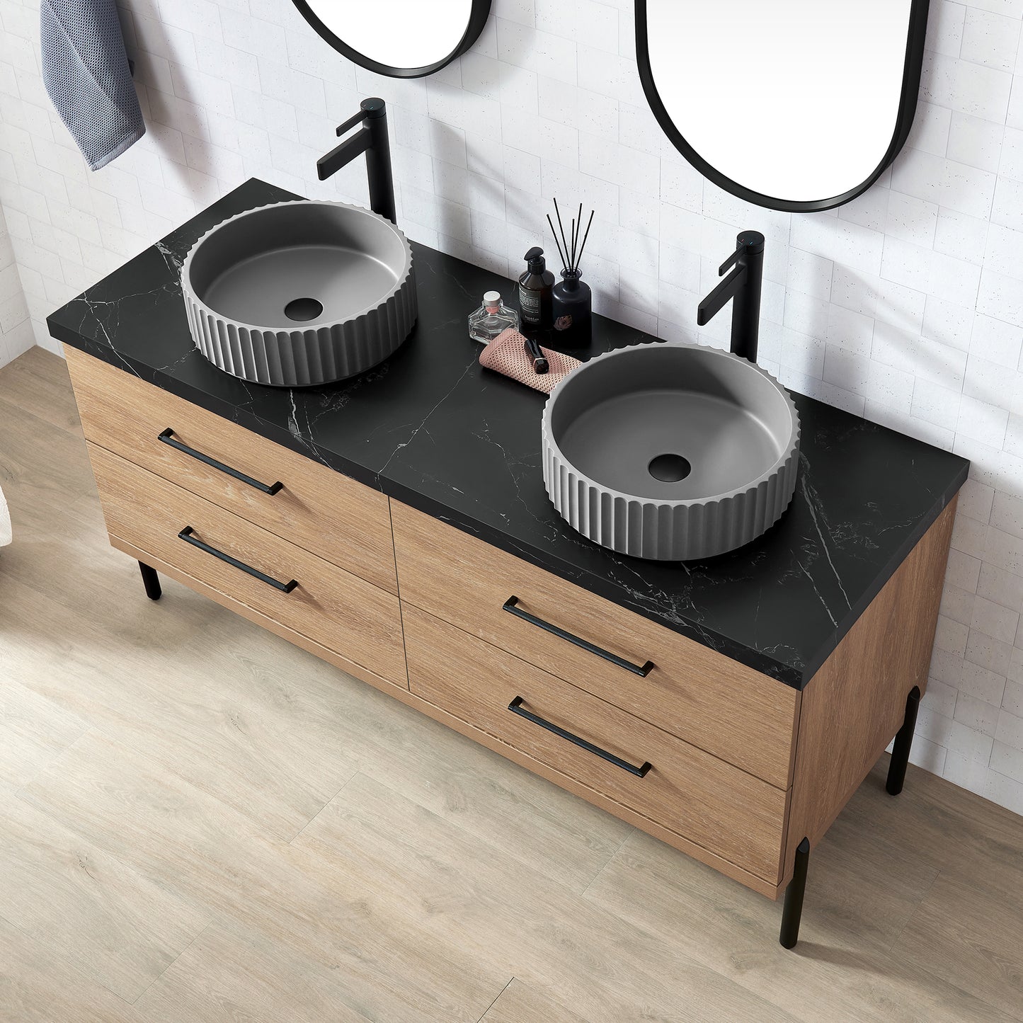 Vinnova, Trento 60B" Double Sink Bath Vanity in North American Oak with Black Sintered Stone Top with Concrete Sink