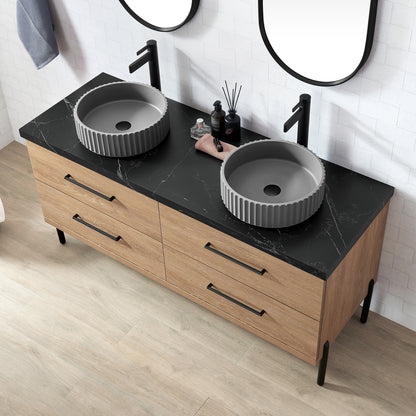 Vinnova, Trento 60B" Double Sink Bath Vanity in North American Oak with Black Sintered Stone Top with Concrete Sink