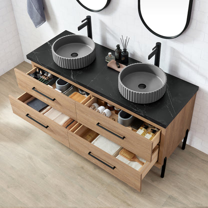 Vinnova, Trento 60B" Double Sink Bath Vanity in North American Oak with Black Sintered Stone Top with Concrete Sink