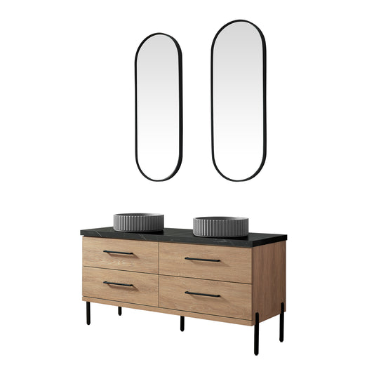 Vinnova, Trento 60B" Double Sink Bath Vanity in North American Oak with Black Sintered Stone Top with Concrete Sink and Mirror