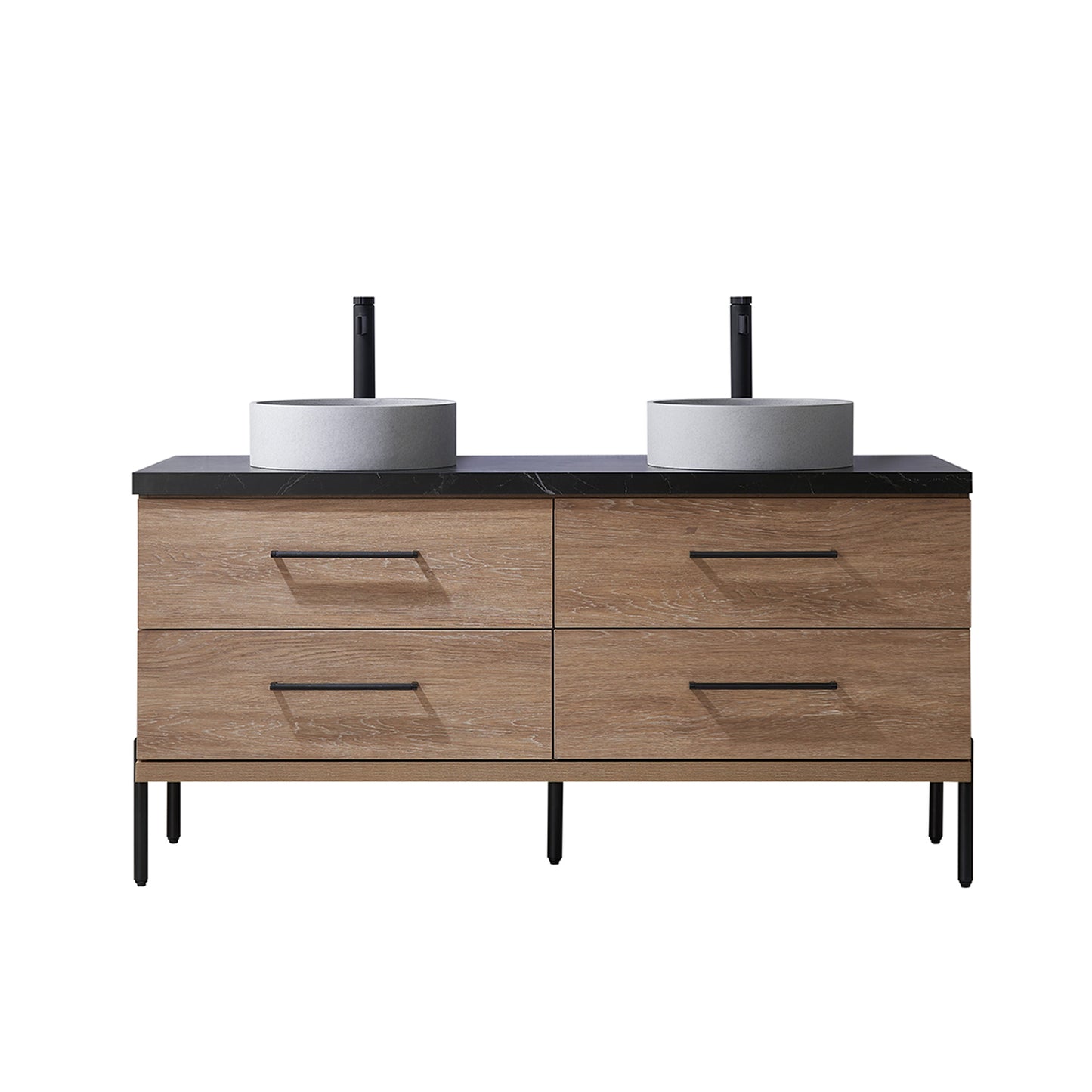 Vinnova, Trento 60" Double Sink Bath Vanity in North American Oak with Black Sintered Stone Top with Concrete Sink