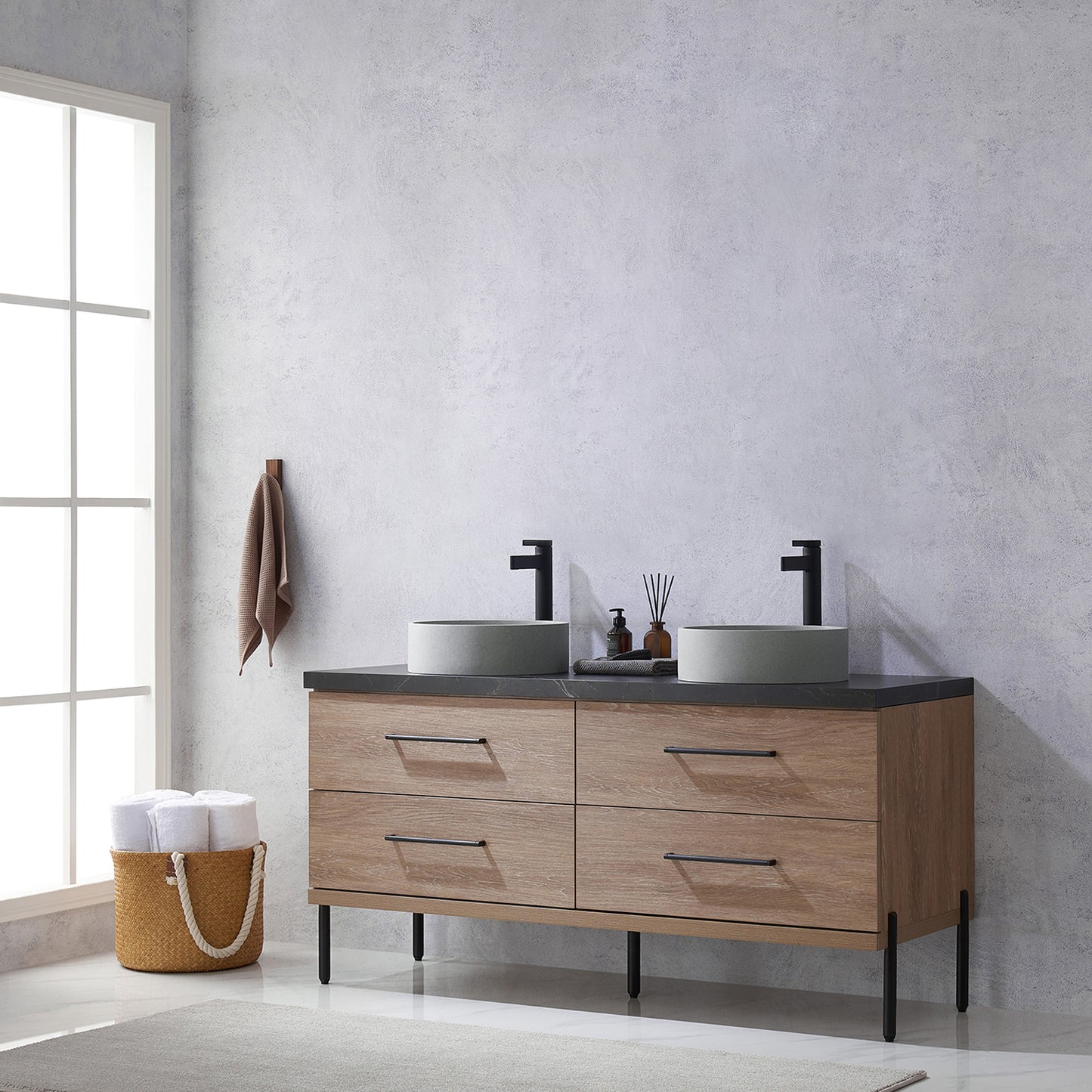 Vinnova, Trento 60" Double Sink Bath Vanity in North American Oak with Black Sintered Stone Top with Concrete Sink