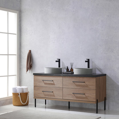 Vinnova, Trento 60" Double Sink Bath Vanity in North American Oak with Black Sintered Stone Top with Concrete Sink