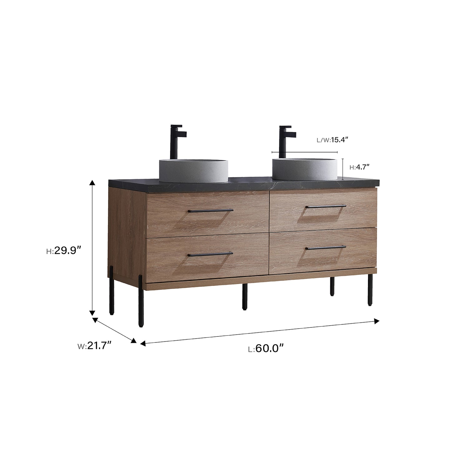 Vinnova, Trento 60" Double Sink Bath Vanity in North American Oak with Black Sintered Stone Top with Concrete Sink