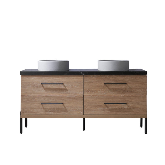 Vinnova, Trento 60" Double Sink Bath Vanity in North American Oak with Black Sintered Stone Top with Concrete Sink