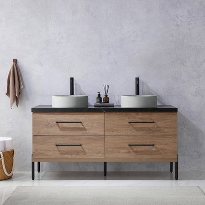 Vinnova, Trento 60" Double Sink Bath Vanity in North American Oak with Black Sintered Stone Top with Concrete Sink