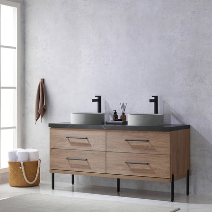 Vinnova, Trento 60" Double Sink Bath Vanity in North American Oak with Black Sintered Stone Top with Concrete Sink