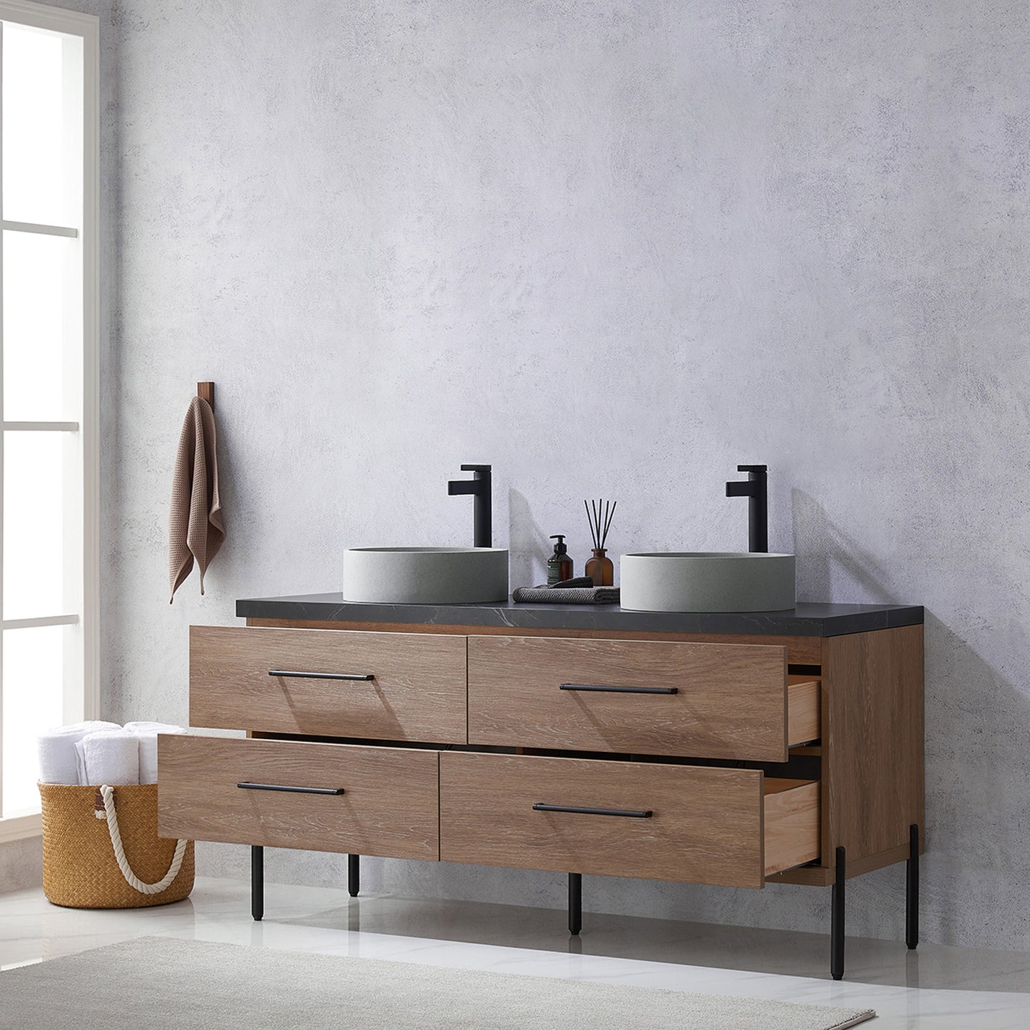 Vinnova, Trento 60" Double Sink Bath Vanity in North American Oak with Black Sintered Stone Top with Concrete Sink