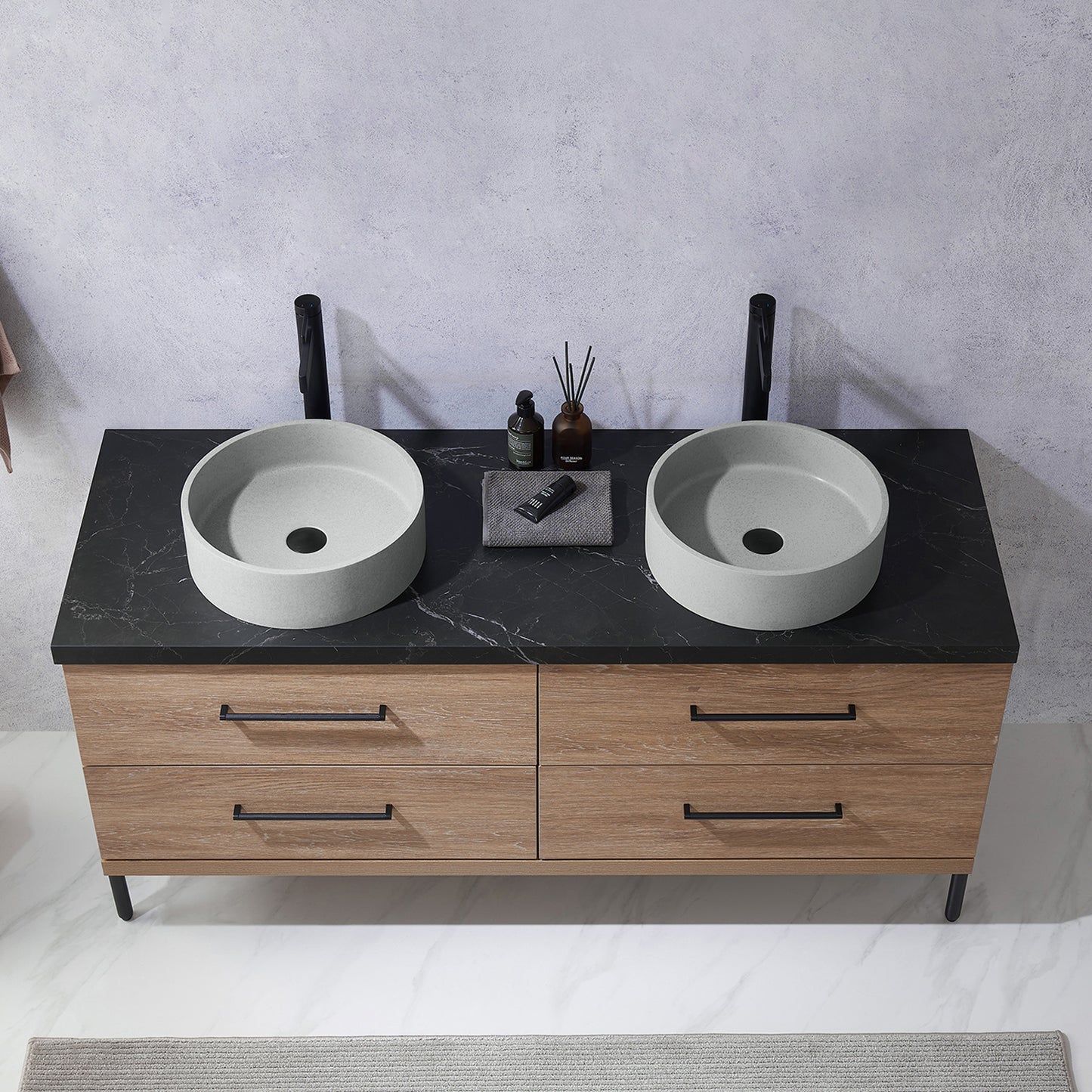 Vinnova, Trento 60" Double Sink Bath Vanity in North American Oak with Black Sintered Stone Top with Concrete Sink