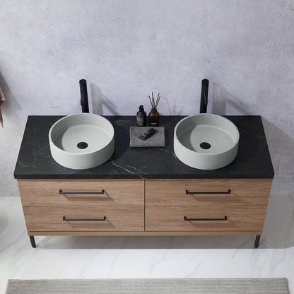 Vinnova, Trento 60" Double Sink Bath Vanity in North American Oak with Black Sintered Stone Top with Concrete Sink