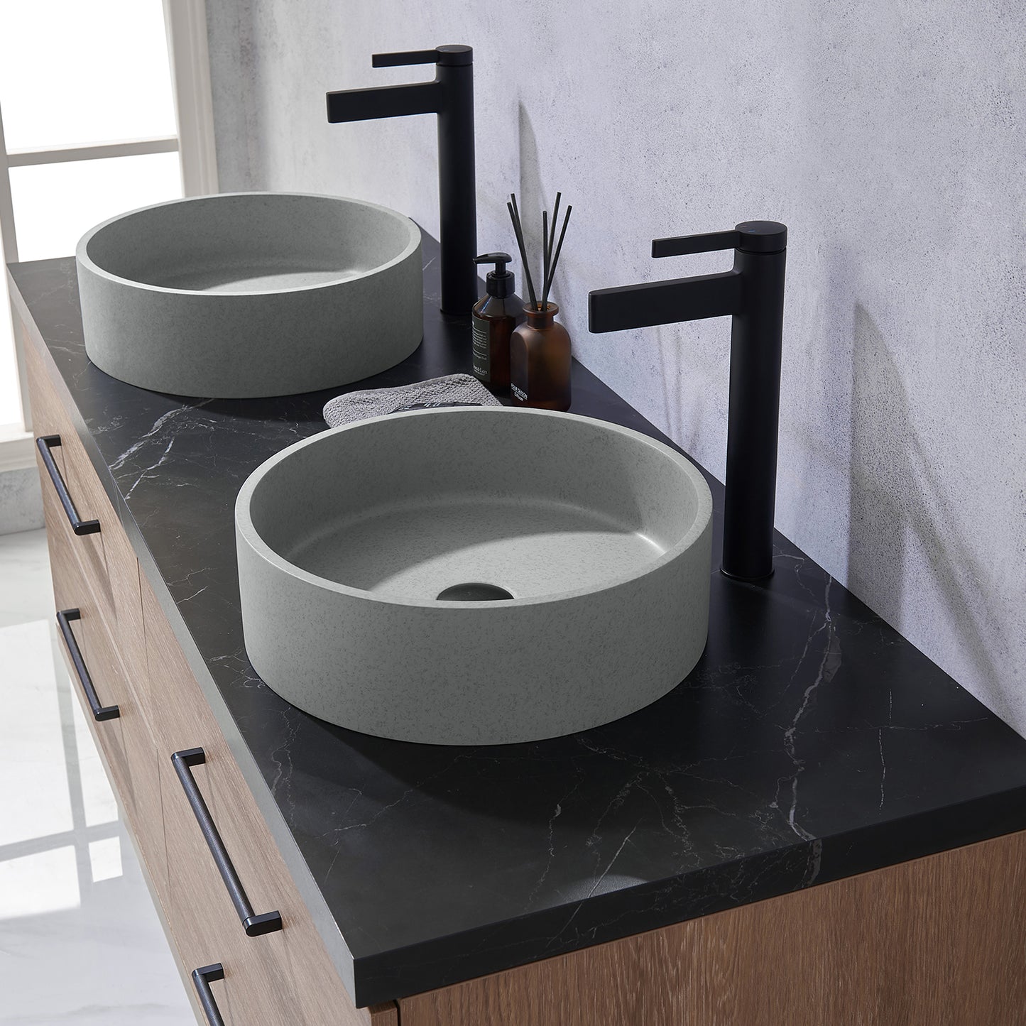 Vinnova, Trento 60" Double Sink Bath Vanity in North American Oak with Black Sintered Stone Top with Concrete Sink