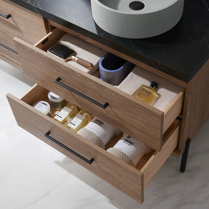 Vinnova, Trento 60" Double Sink Bath Vanity in North American Oak with Black Sintered Stone Top with Concrete Sink