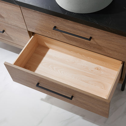 Vinnova, Trento 60" Double Sink Bath Vanity in North American Oak with Black Sintered Stone Top with Concrete Sink