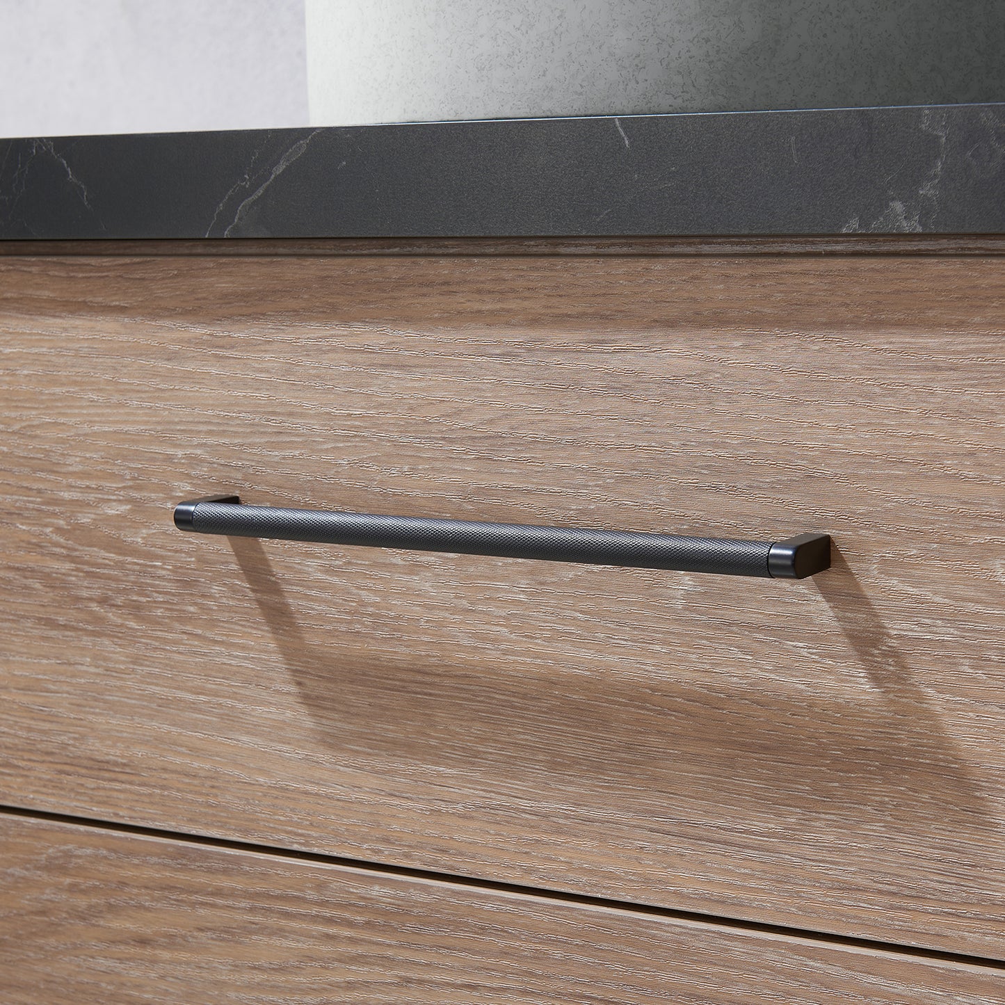 Vinnova, Trento 60" Double Sink Bath Vanity in North American Oak with Black Sintered Stone Top with Concrete Sink and Mirror