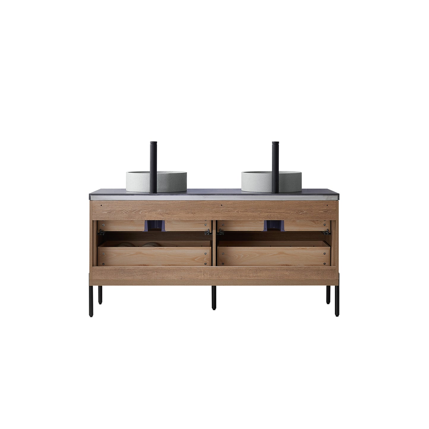 Vinnova, Trento 60" Double Sink Bath Vanity in North American Oak with Black Sintered Stone Top with Concrete Sink and Mirror