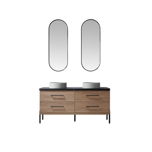 Vinnova, Trento 60" Double Sink Bath Vanity in North American Oak with Black Sintered Stone Top with Concrete Sink and Mirror