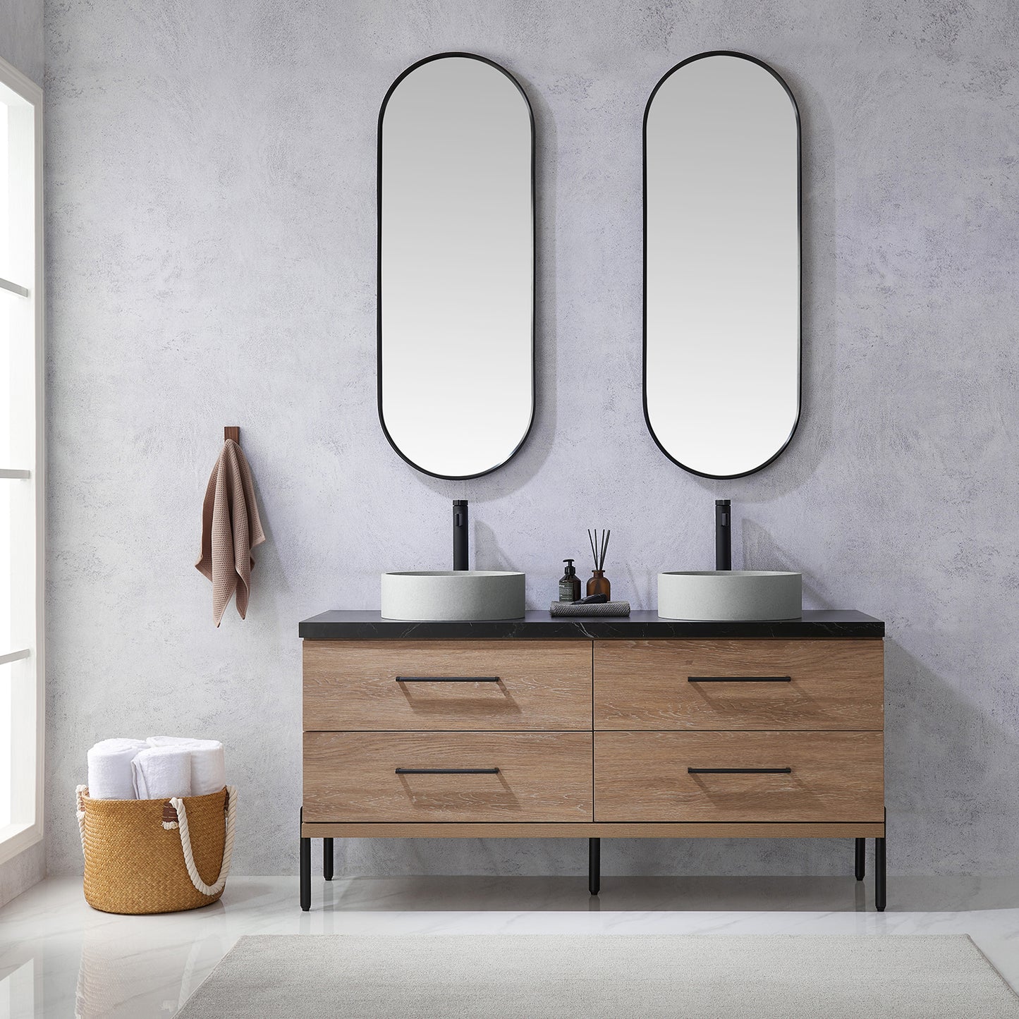 Vinnova, Trento 60" Double Sink Bath Vanity in North American Oak with Black Sintered Stone Top with Concrete Sink and Mirror