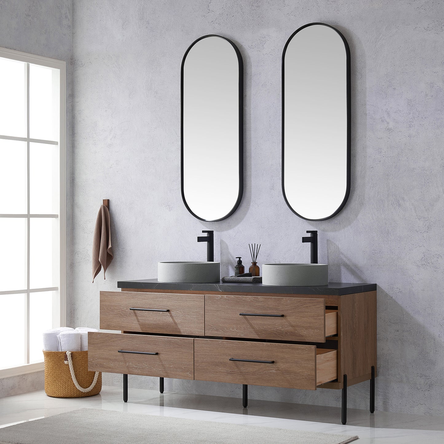 Vinnova, Trento 60" Double Sink Bath Vanity in North American Oak with Black Sintered Stone Top with Concrete Sink and Mirror