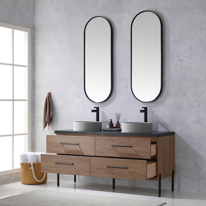 Vinnova, Trento 60" Double Sink Bath Vanity in North American Oak with Black Sintered Stone Top with Concrete Sink and Mirror