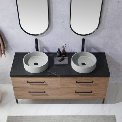 Vinnova, Trento 60" Double Sink Bath Vanity in North American Oak with Black Sintered Stone Top with Concrete Sink and Mirror
