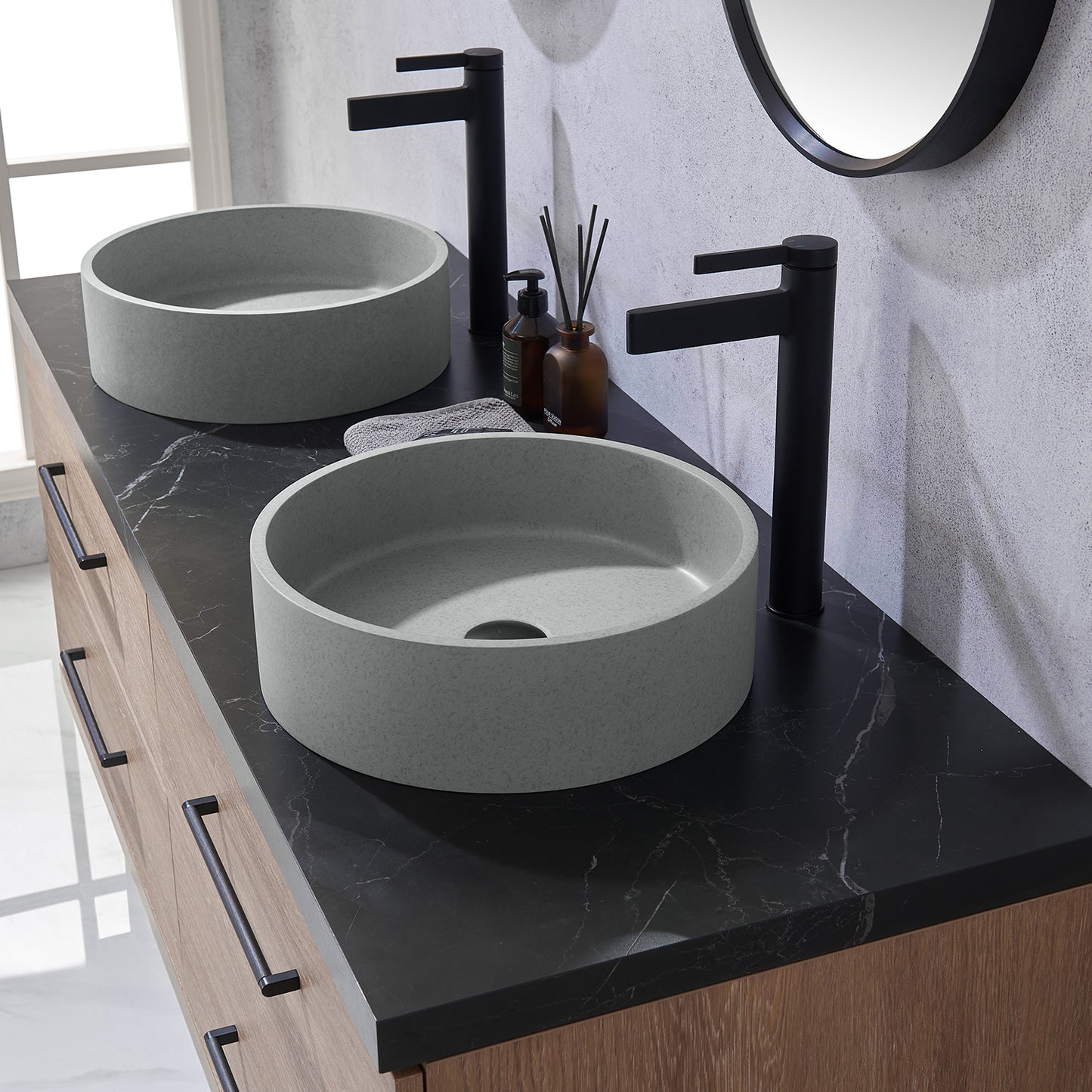 Vinnova, Trento 60" Double Sink Bath Vanity in North American Oak with Black Sintered Stone Top with Concrete Sink and Mirror