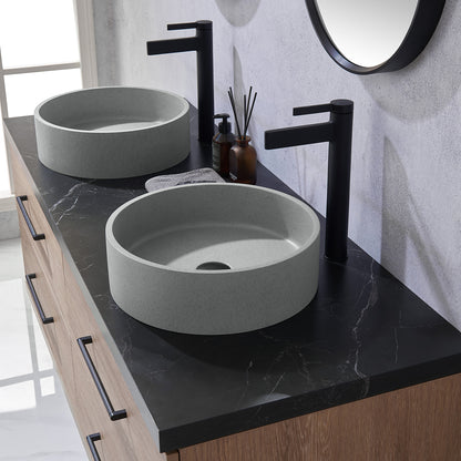 Vinnova, Trento 60" Double Sink Bath Vanity in North American Oak with Black Sintered Stone Top with Concrete Sink and Mirror