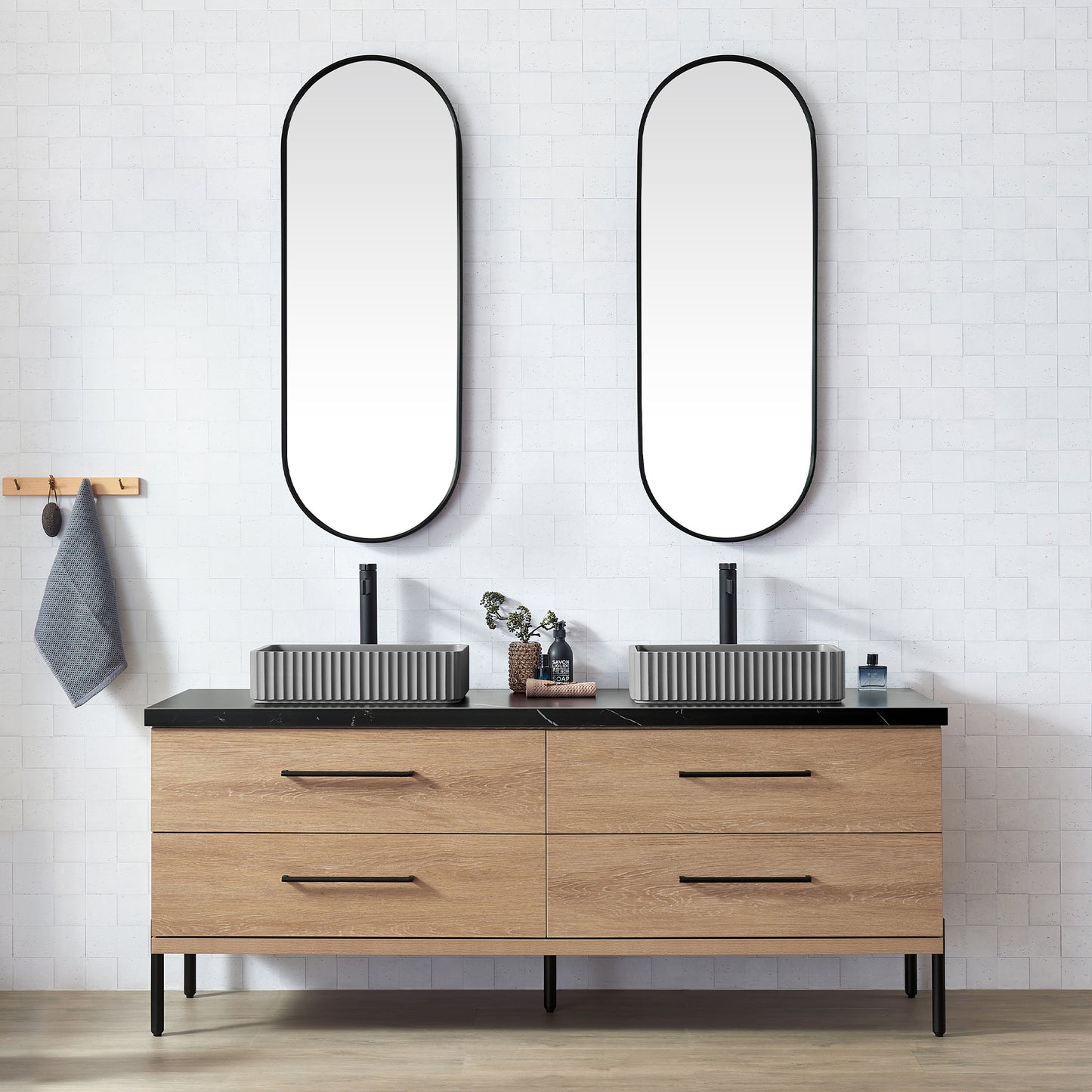 Vinnova, Trento 72A" Double Sink Bath Vanity in North American Oak with Black Sintered Stone Top with Concrete Sink