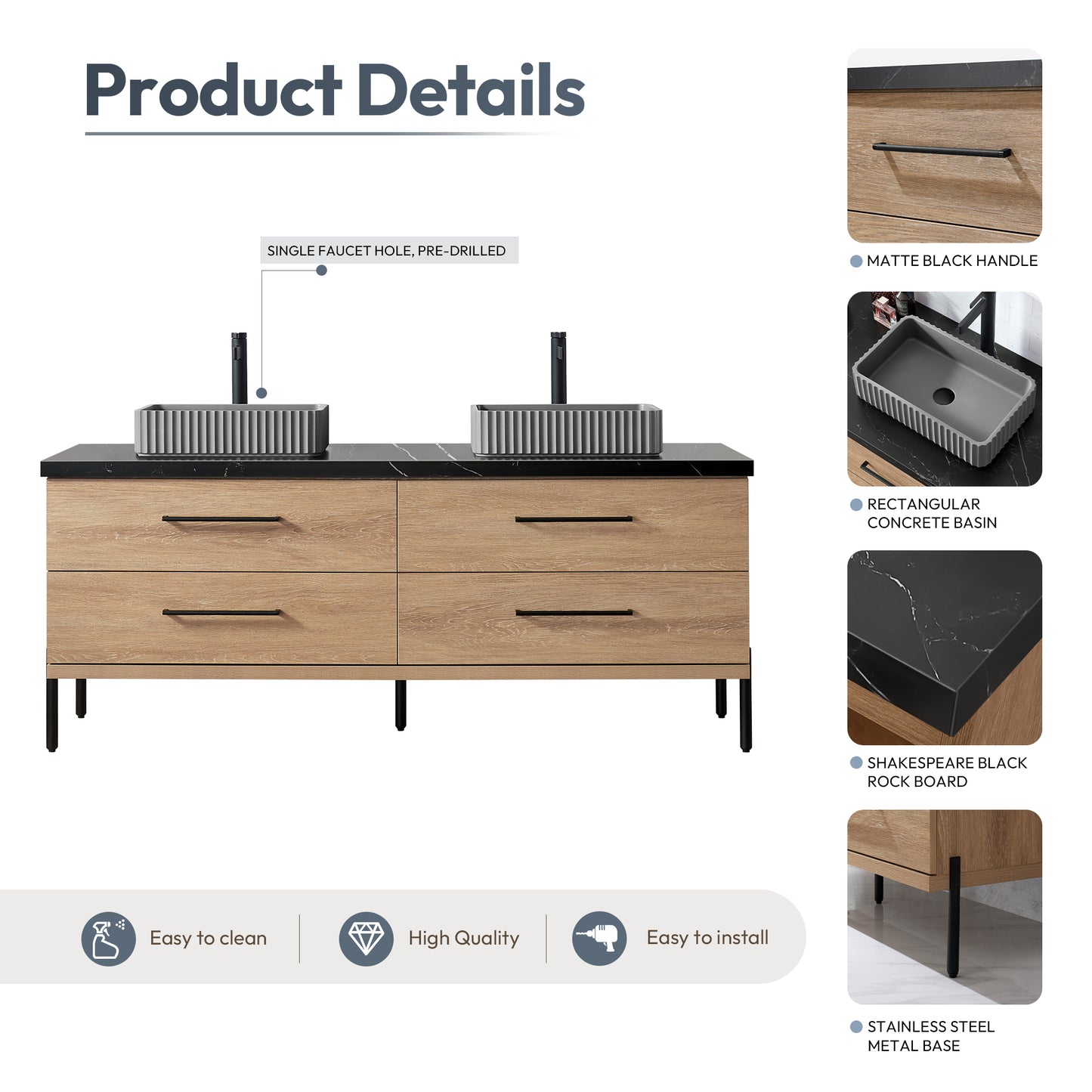 Vinnova, Trento 72A" Double Sink Bath Vanity in North American Oak with Black Sintered Stone Top with Concrete Sink