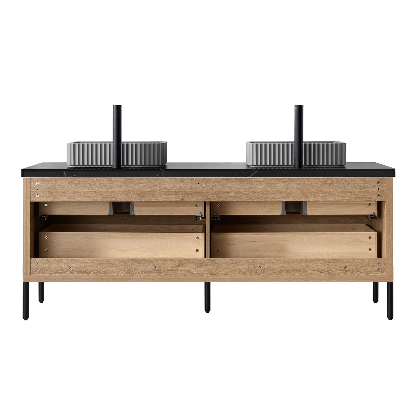 Vinnova, Trento 72A" Double Sink Bath Vanity in North American Oak with Black Sintered Stone Top with Concrete Sink