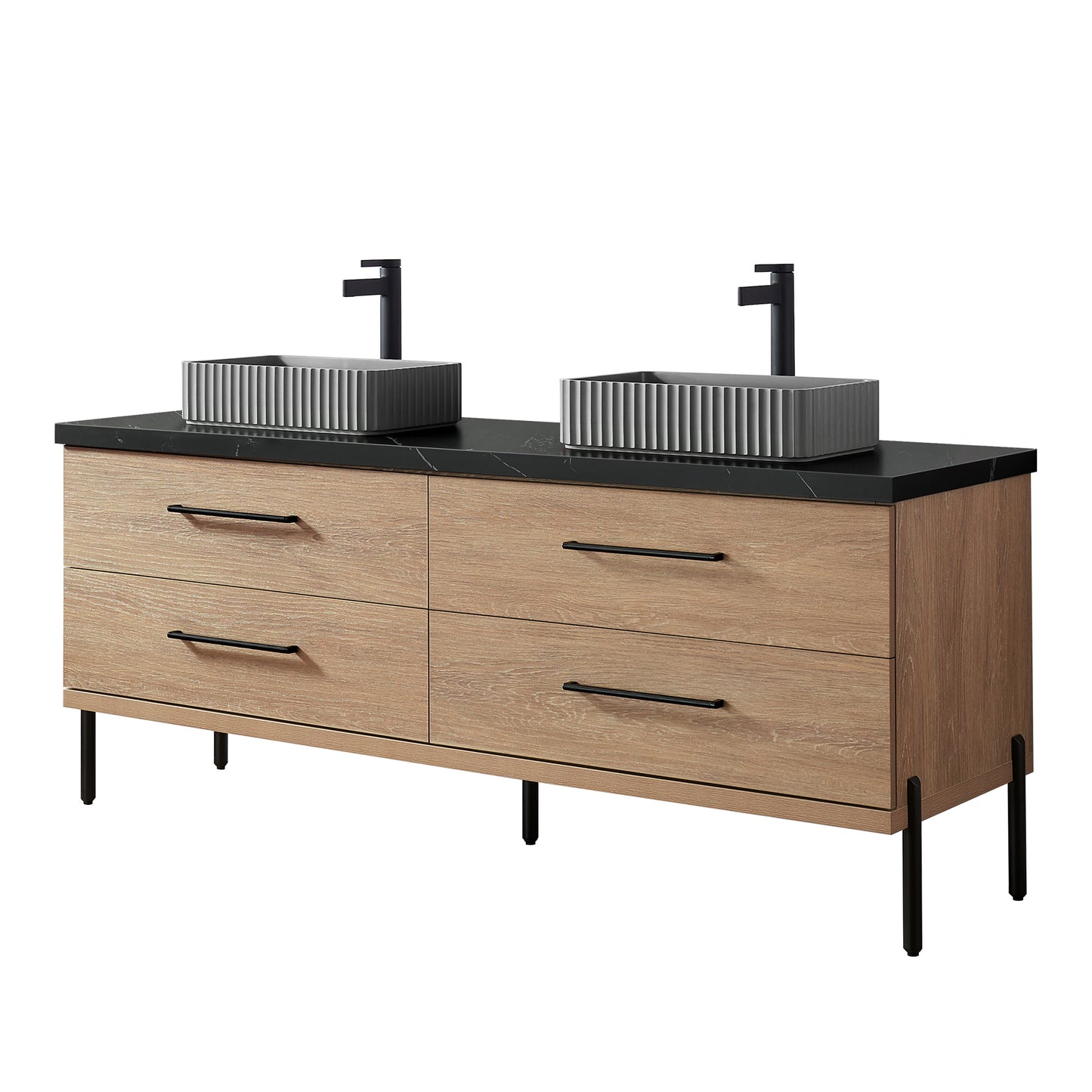 Vinnova, Trento 72A" Double Sink Bath Vanity in North American Oak with Black Sintered Stone Top with Concrete Sink