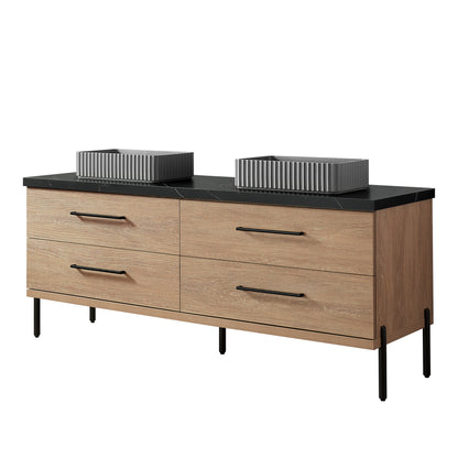 Vinnova, Trento 72A" Double Sink Bath Vanity in North American Oak with Black Sintered Stone Top with Concrete Sink