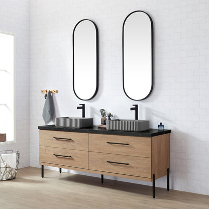 Vinnova, Trento 72A" Double Sink Bath Vanity in North American Oak with Black Sintered Stone Top with Concrete Sink