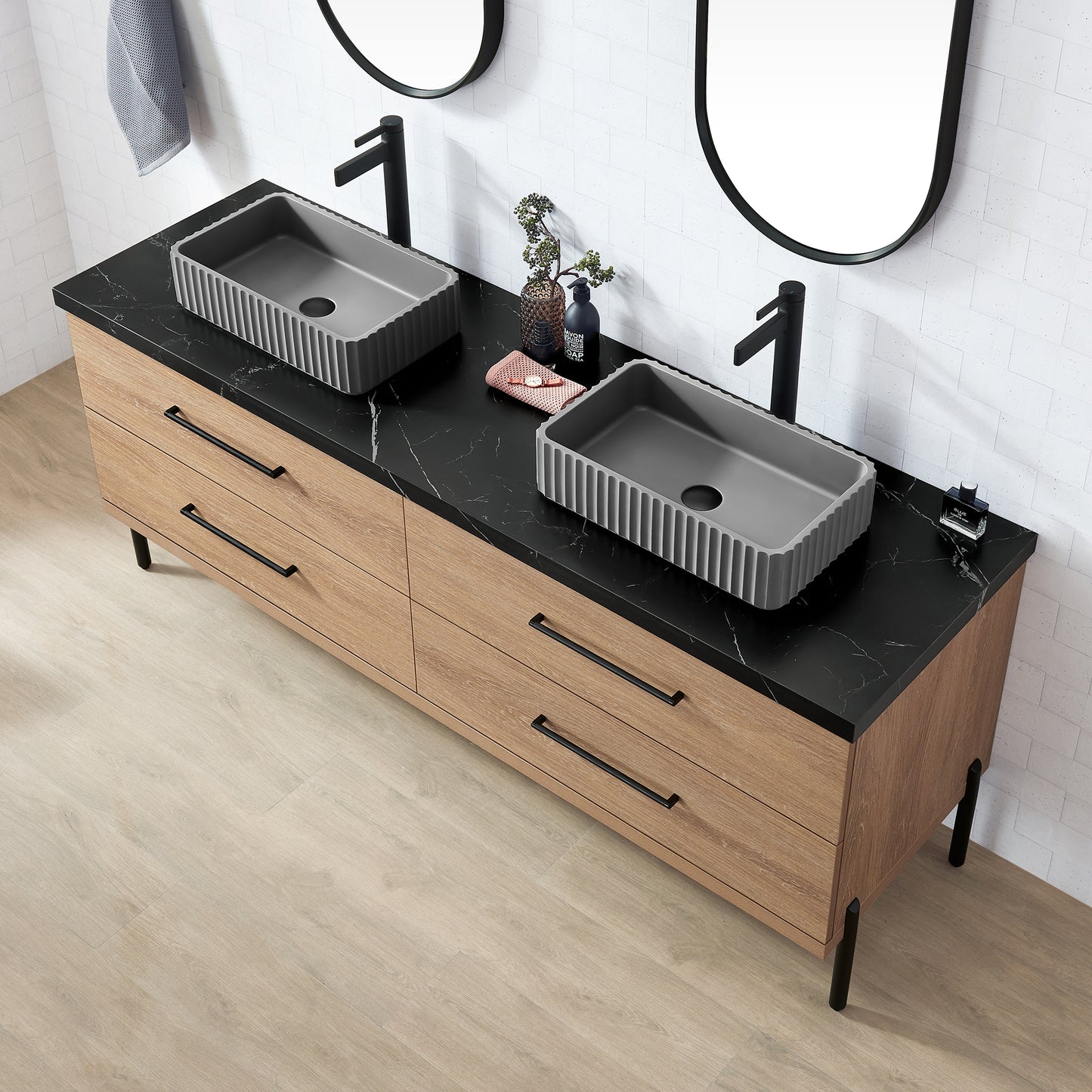 Vinnova, Trento 72A" Double Sink Bath Vanity in North American Oak with Black Sintered Stone Top with Concrete Sink