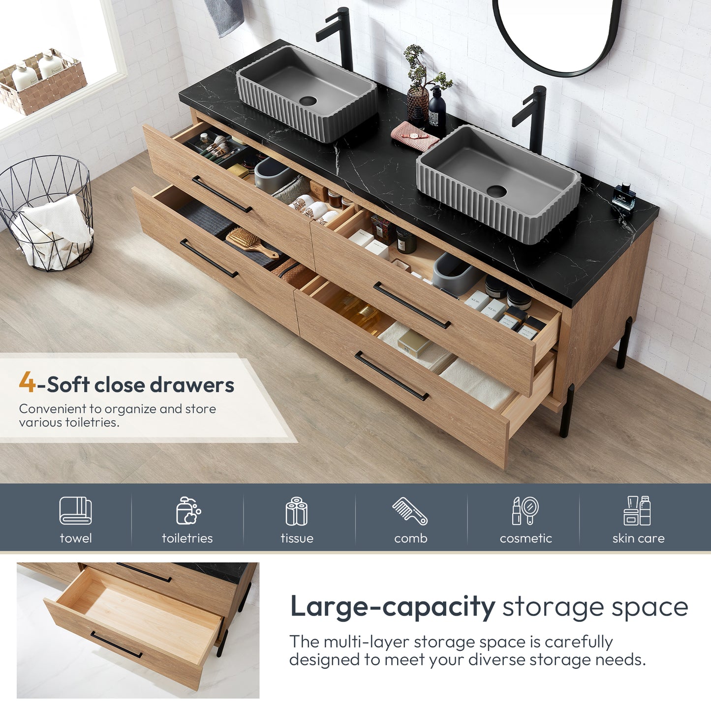 Vinnova, Trento 72A" Double Sink Bath Vanity in North American Oak with Black Sintered Stone Top with Concrete Sink