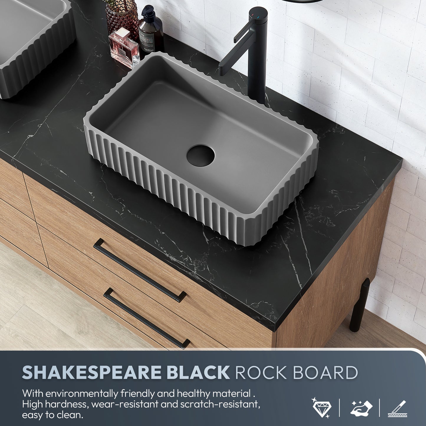 Vinnova, Trento 72A" Double Sink Bath Vanity in North American Oak with Black Sintered Stone Top with Concrete Sink