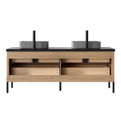 Vinnova, Trento 72A" Double Sink Bath Vanity in North American Oak with Black Sintered Stone Top with Concrete Sink and Mirror