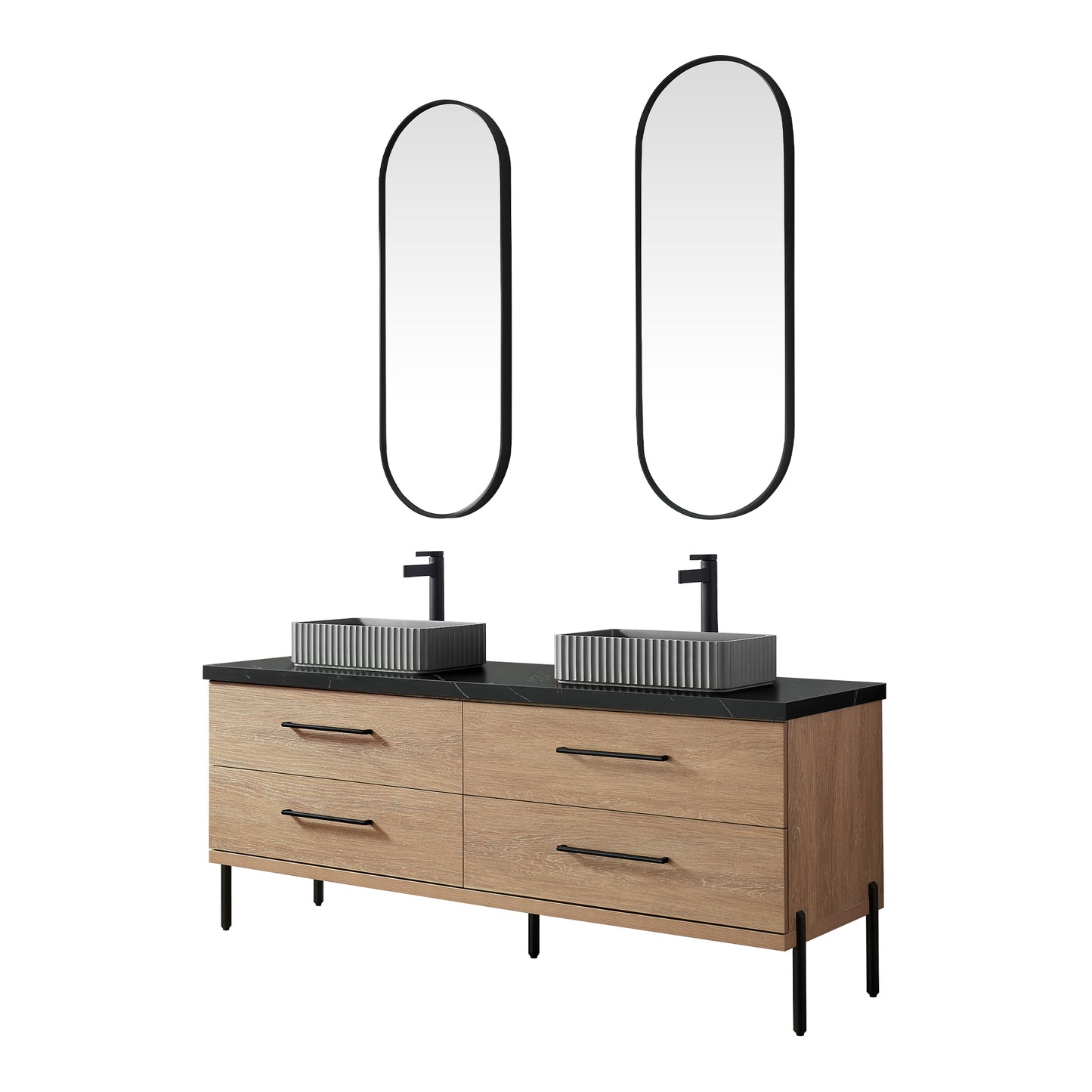 Vinnova, Trento 72A" Double Sink Bath Vanity in North American Oak with Black Sintered Stone Top with Concrete Sink and Mirror