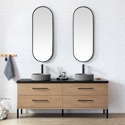 Vinnova, Trento 72B" Double Sink Bath Vanity in North American Oak with Black Sintered Stone Top with Concrete Sink