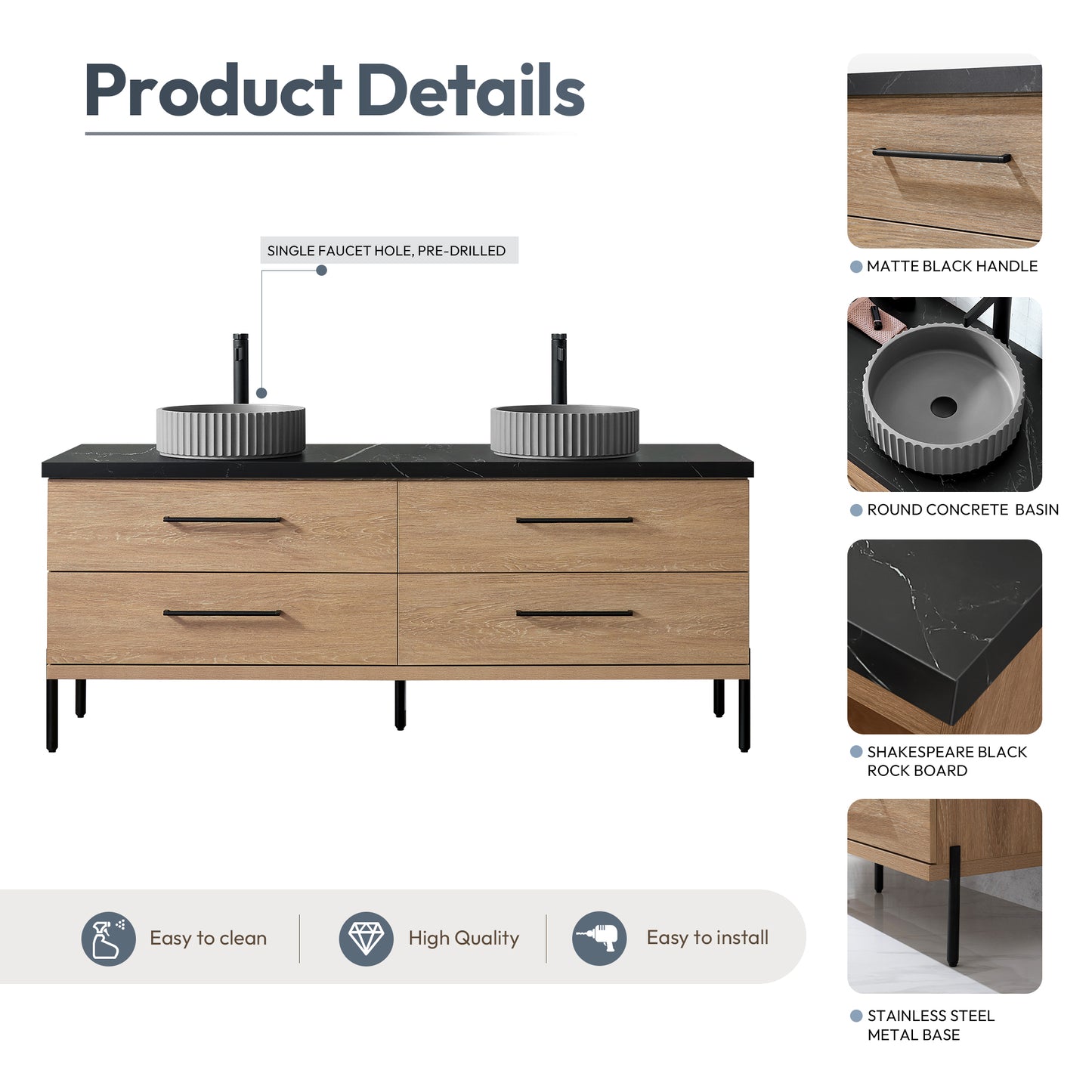 Vinnova, Trento 72B" Double Sink Bath Vanity in North American Oak with Black Sintered Stone Top with Concrete Sink