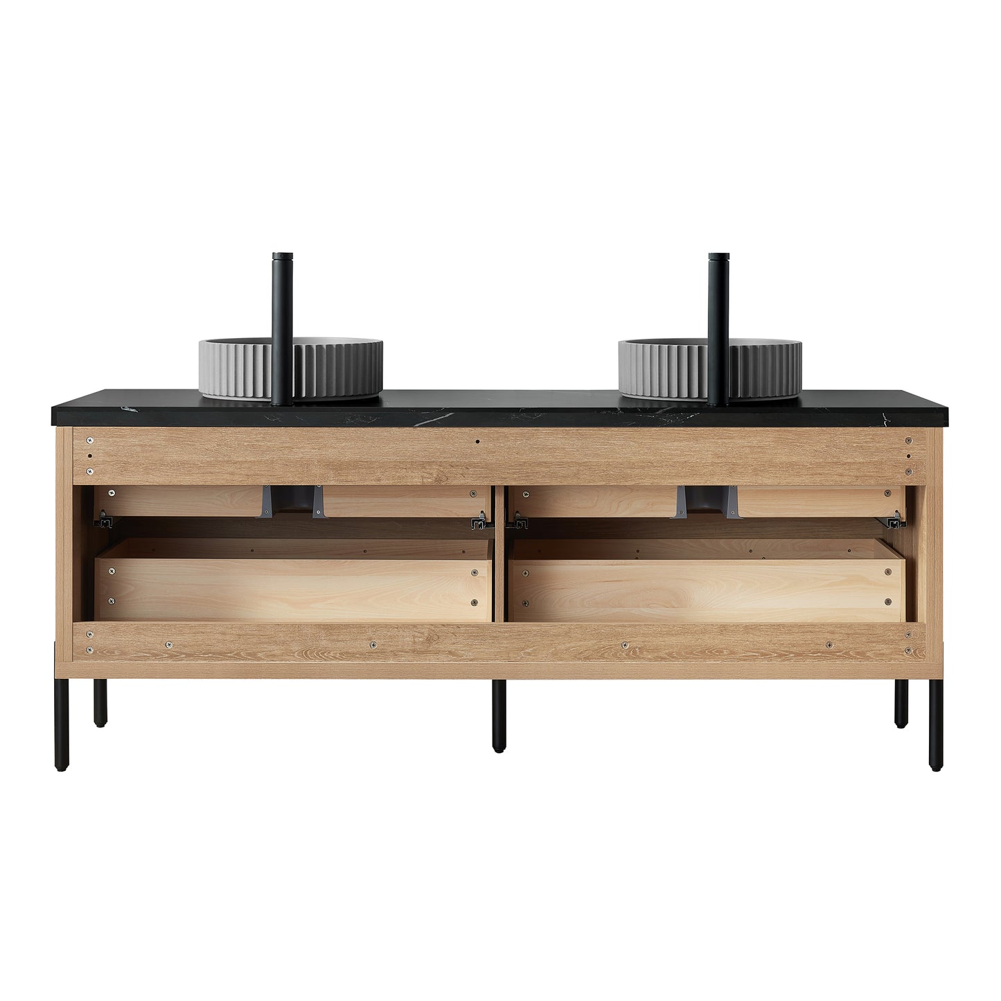 Vinnova, Trento 72B" Double Sink Bath Vanity in North American Oak with Black Sintered Stone Top with Concrete Sink