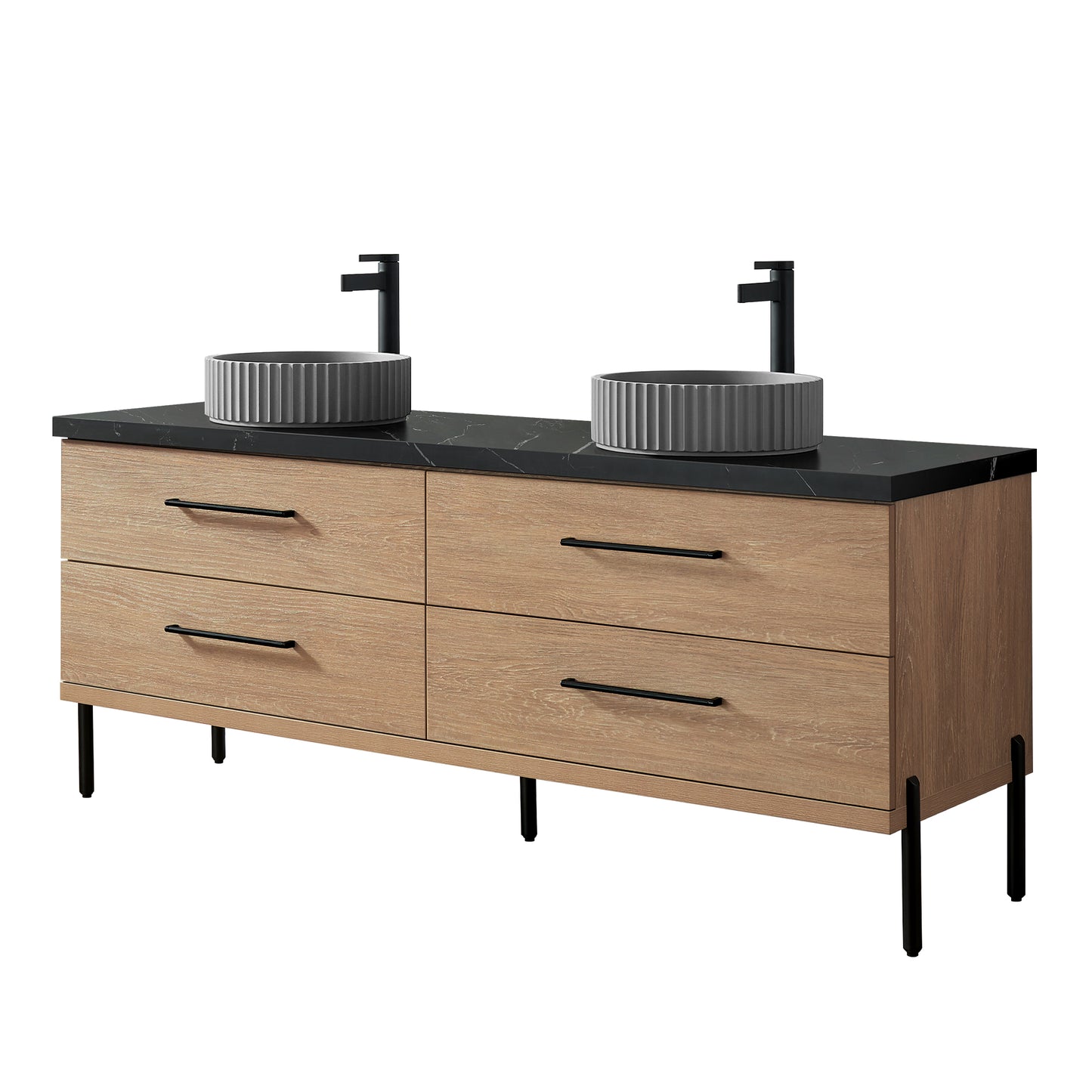 Vinnova, Trento 72B" Double Sink Bath Vanity in North American Oak with Black Sintered Stone Top with Concrete Sink