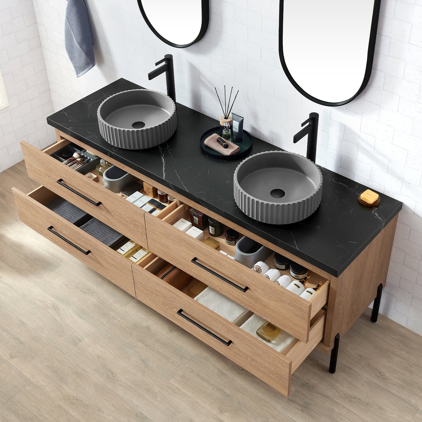 Vinnova, Trento 72B" Double Sink Bath Vanity in North American Oak with Black Sintered Stone Top with Concrete Sink
