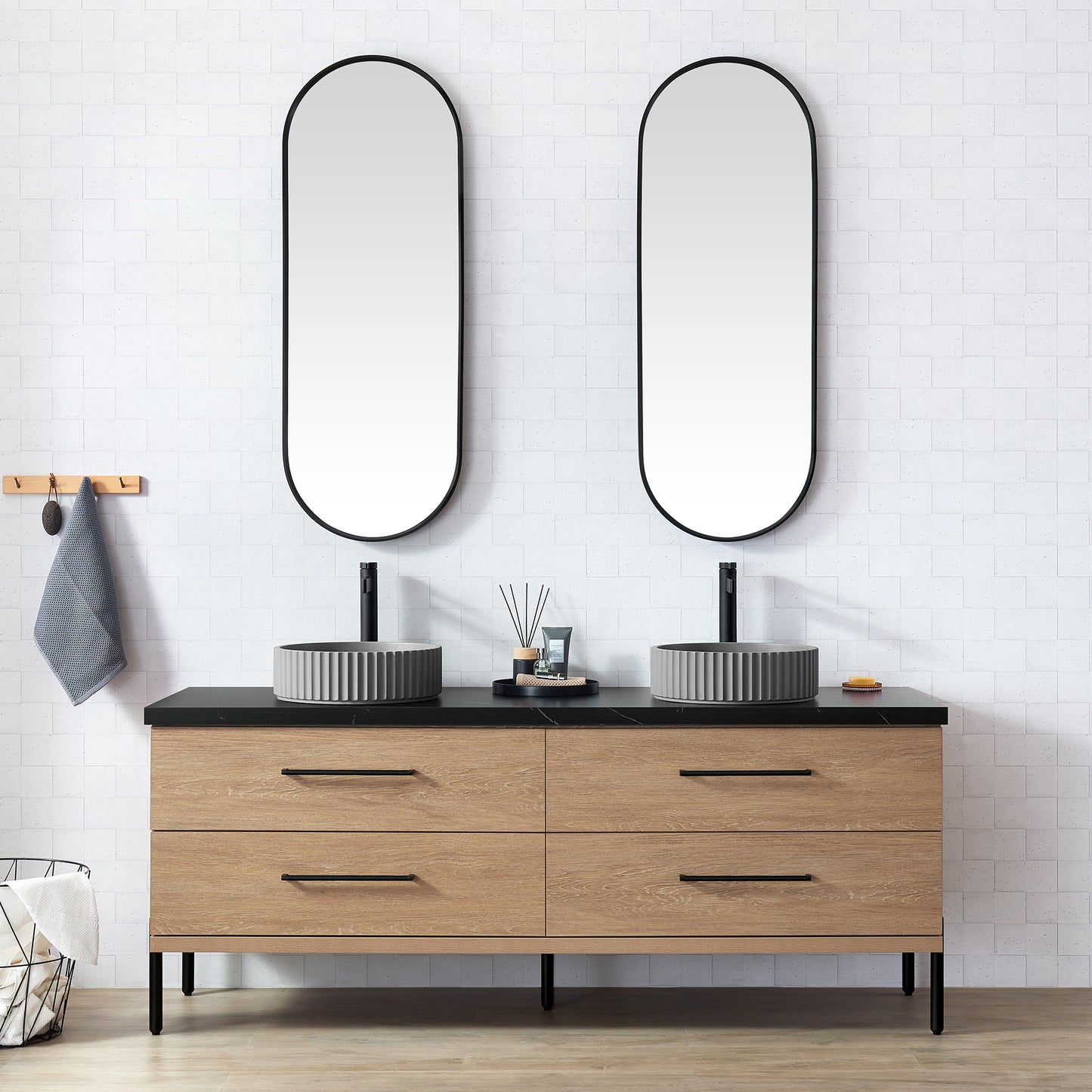 Vinnova, Trento 72B" Double Sink Bath Vanity in North American Oak with Black Sintered Stone Top with Concrete Sink and Mirror