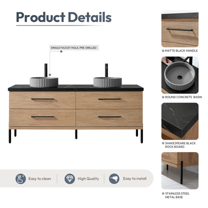 Vinnova, Trento 72B" Double Sink Bath Vanity in North American Oak with Black Sintered Stone Top with Concrete Sink and Mirror