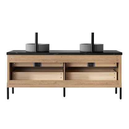 Vinnova, Trento 72B" Double Sink Bath Vanity in North American Oak with Black Sintered Stone Top with Concrete Sink and Mirror